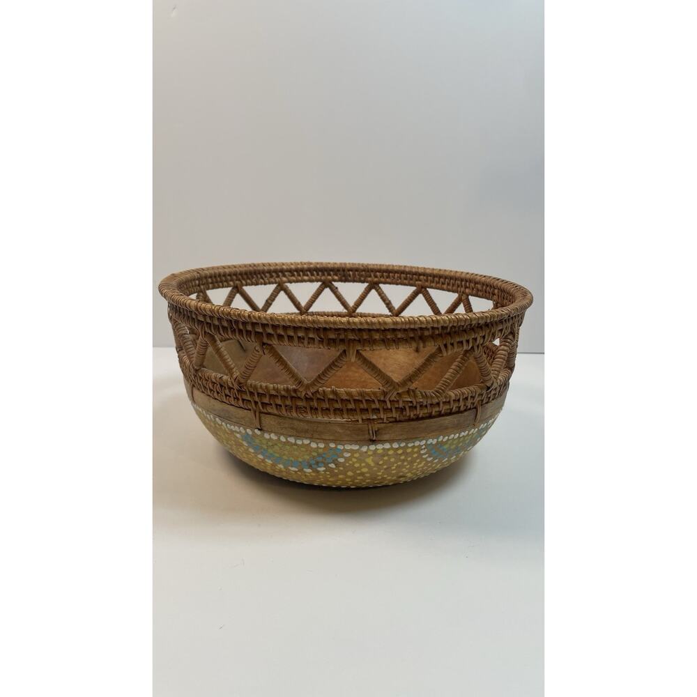 Vintage Indonesian Wood Bowl Rattan Rim Hand Painted Boho 10.5” Decorative